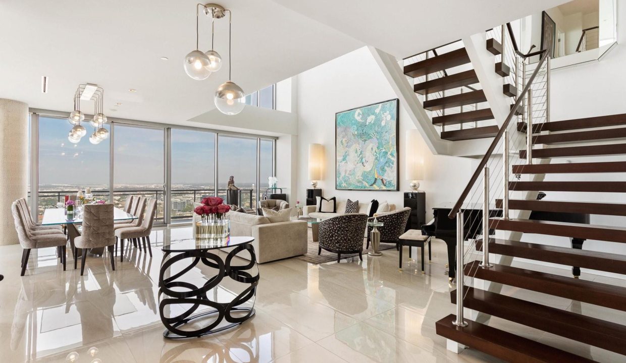 Two-story living room in the Azure sub-penthouse at 2900 McKinnon Street